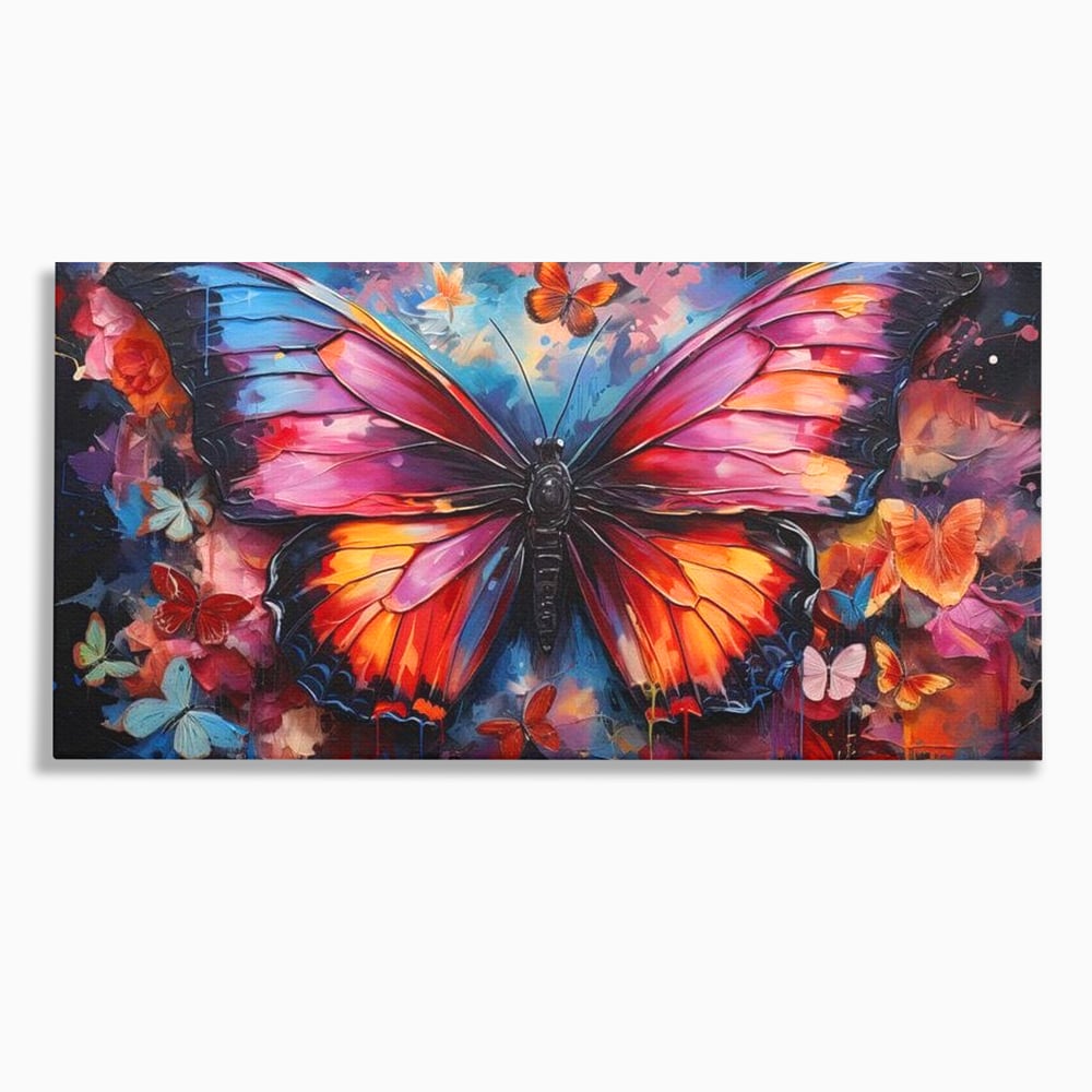 Tablou canvas cu tablou canvas cu fluture central multicolor, fara rama, pe sasiu de lemn